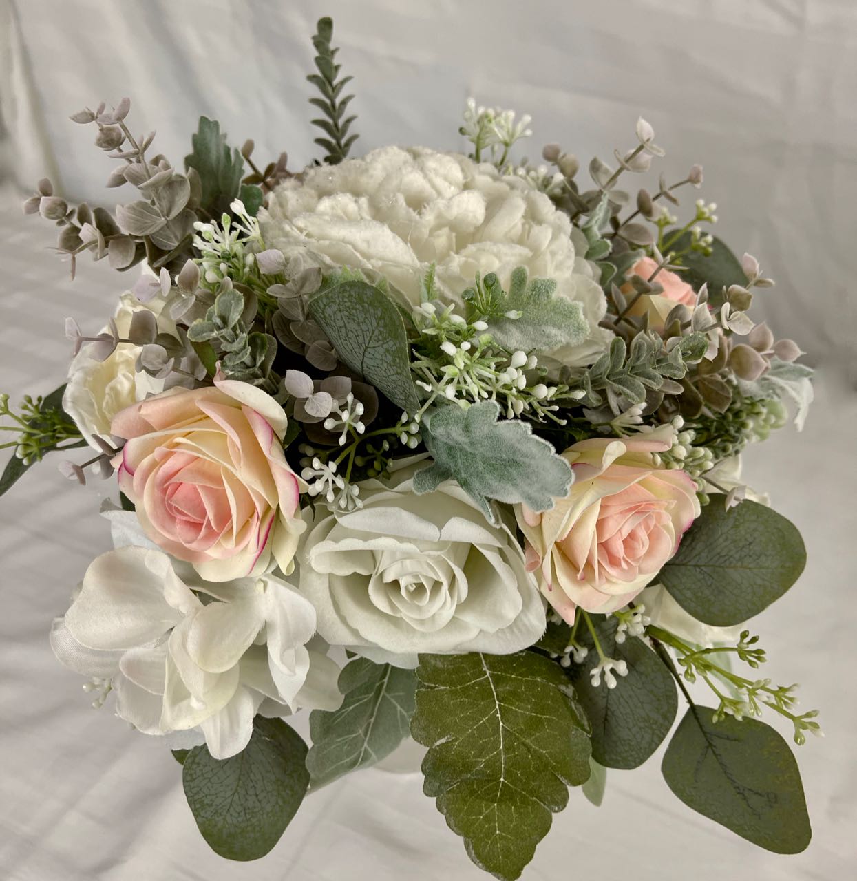 Bridesmaid Bouquet- sage green eucalyptus  combined with white and blsuh pink roses - Rent for five days for $59.00