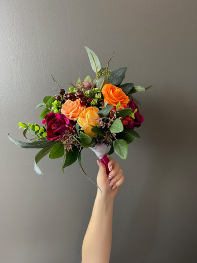 Rent  A Rose- Flower Girl Bouquet- Scarlet, Orange, with Olive green berries- Rent for five days for $35.00