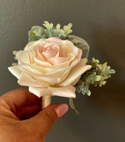 Boutonniere single Blush rose with Eucalyptus- rent  for five days for $8.00 