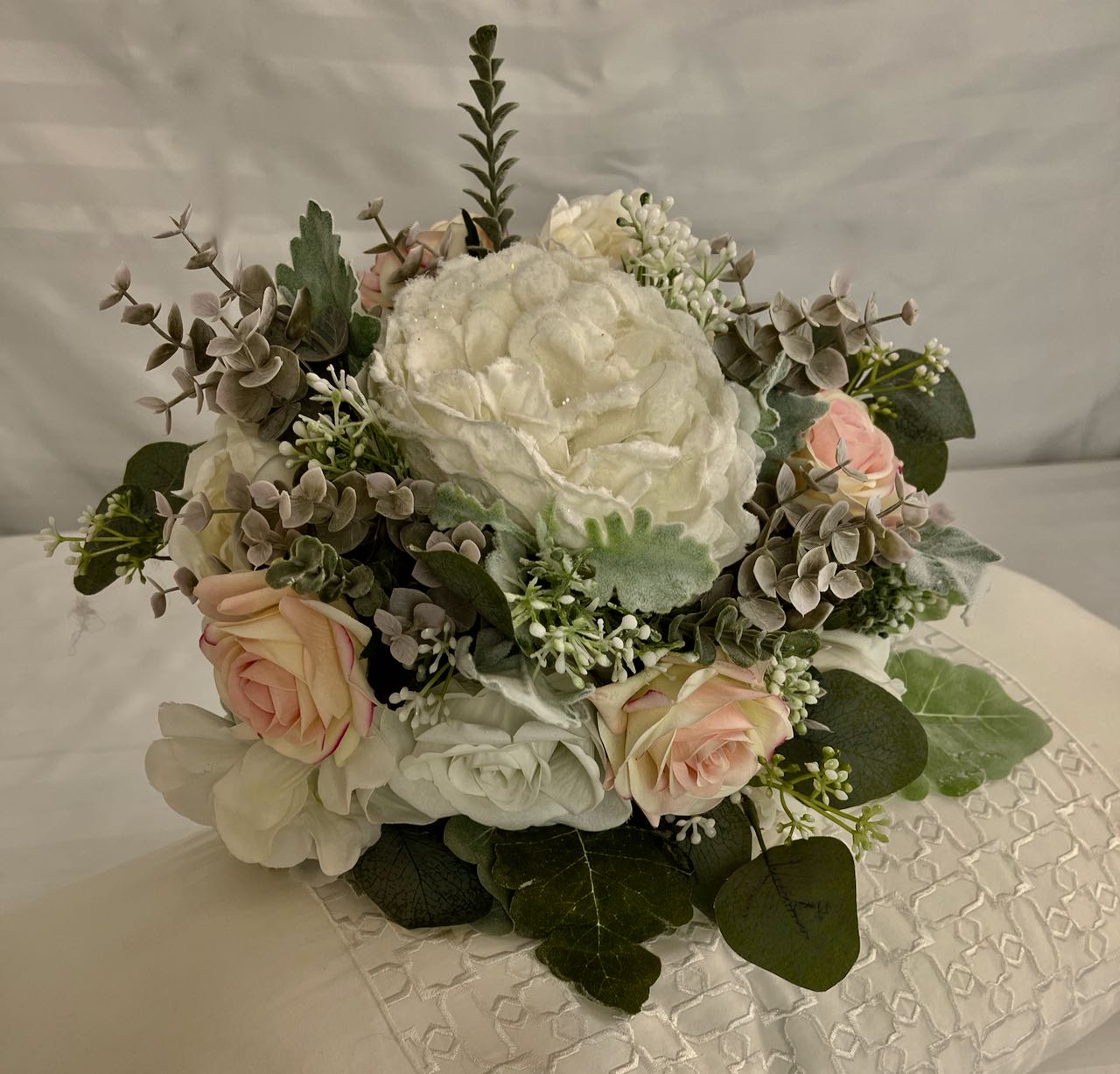 Bridal Bouquet- sage green eucalyptus  combined with white and blsuh pink roses - Rent for five days for $88.00
