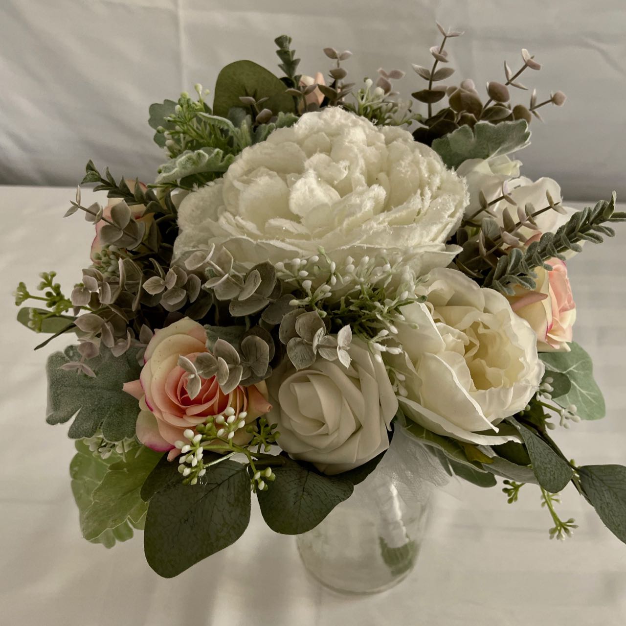Bridal Bouquet- sage green eucalyptus  combined with white and blsuh pink roses - Rent for five days for $88.00
