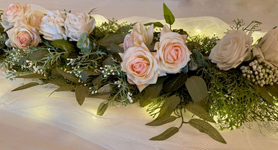 3.5 foot long  6 inch wide eucalyptus table runners with pink and white roses. Rent for $110.00 for five days
