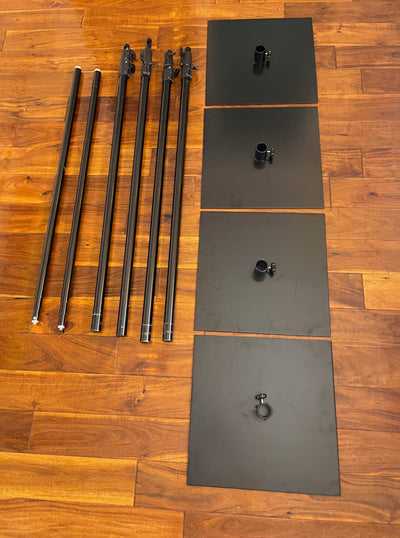 Backdrop hardware: four 25lb metal plates, four extendable upright poles and two top poles. This equipment creates a very sturdy backdrop that can be up to 7 feet tall and 14 feet wide.