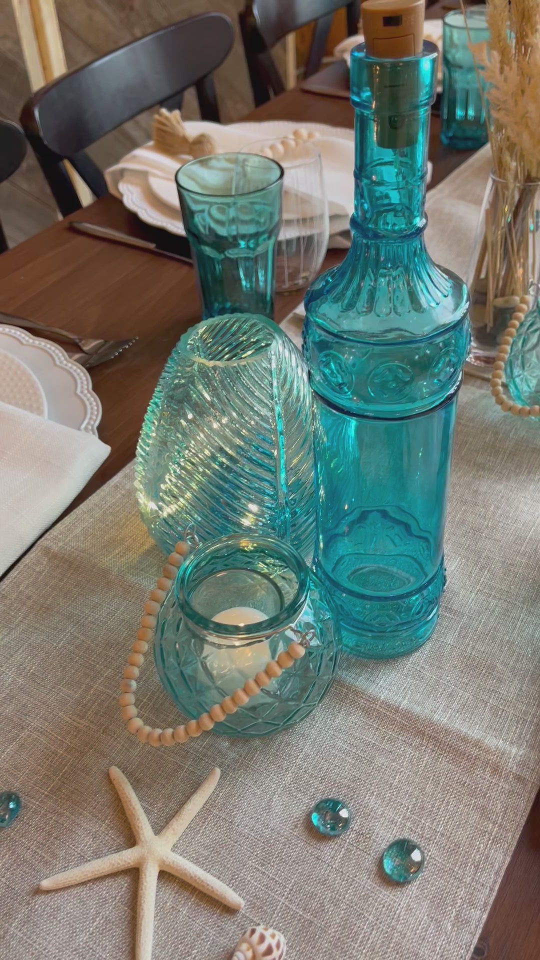 This glass teal accent light is 6 inches tall x 7 inches wide. For visual interest teal glass bead have been added inside so that when the fairy lights are illuminated they sparkle.