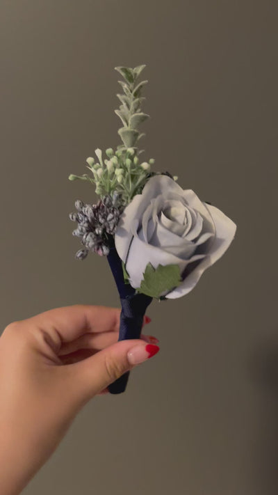 Boutonniere in Pale Blue and Eucalyptus