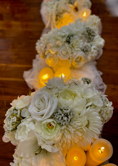 Wedding Aisle Flowers mesh and LED candles for rent $690