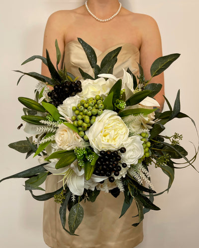 Rent a Rose-Bridesmaid Bouquet-  White and Black with Green Berries. . Rent for five days for $69.00
