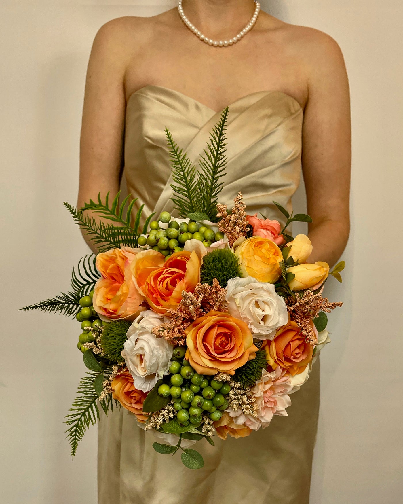 Rent a Rose-Bridesmaid Bouquet-  Cream and Orange flowers with Green accent berries- rent for five days for $69.00