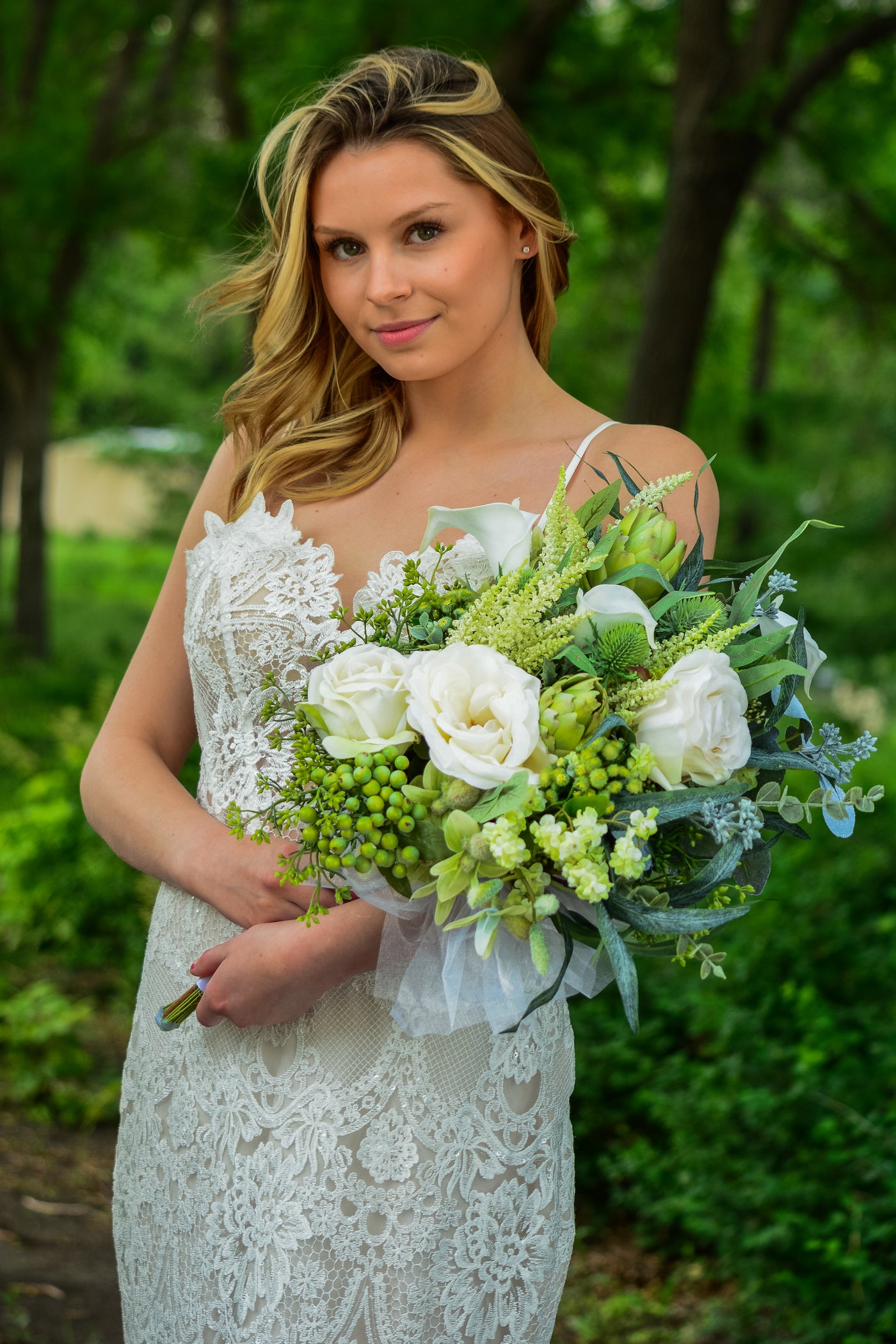 Rent a Rose-Bridal Bouquet- white , cream and green side held bouquet. Rent for five days for $98.00