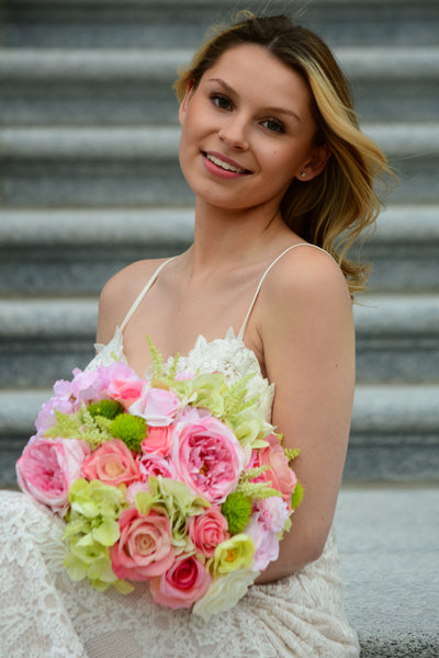 Rent A Rose Bridal Bouquet with pink roses andLime Hydrangea offset with astilbe $88.00 to rent for five days