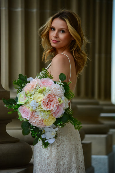 Rent a Rose-Bridal Bouquet- featuring pale pink roses, blush dahlia, delicate white peonies .Rent for five days for $98.00