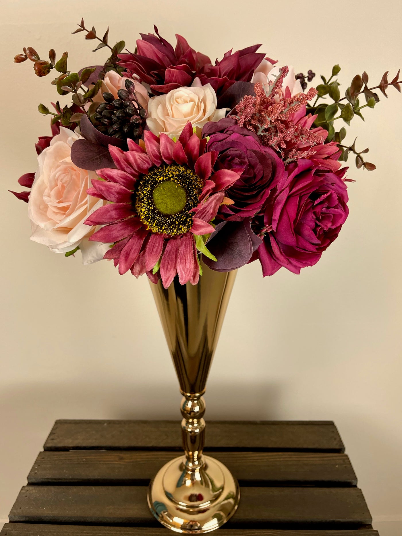 14 inch tall gold vase shown holding a colourful bouquet