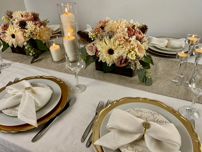This 4 ft table runner is beige/brown with gold flecks. It provides an excellent grounding backdrop for your floral centrepieces and candles. Multiple table runners can be combined laid end to end to accommodate longer tables.