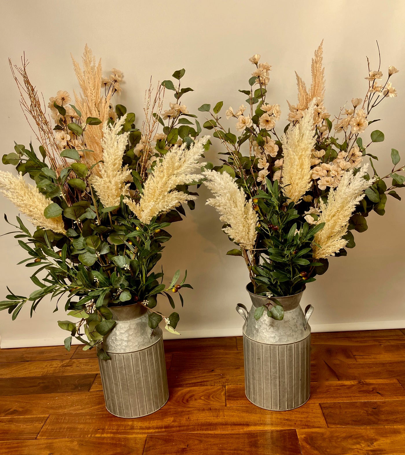Rent a Rose- Three foot tall pampas  and eucalyptus in galvanized steel milk jug 