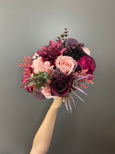 Rent A Rose Bridal Bouquet with Burgundy dahlias and blush pink roses. $98.00 to rent for five days.