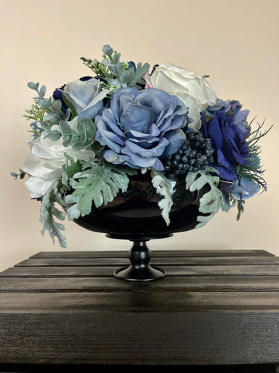 Rent A rose- Various shades of blue roses combined with white dahlias in a black pedestal vase - rent for five days for $40.00