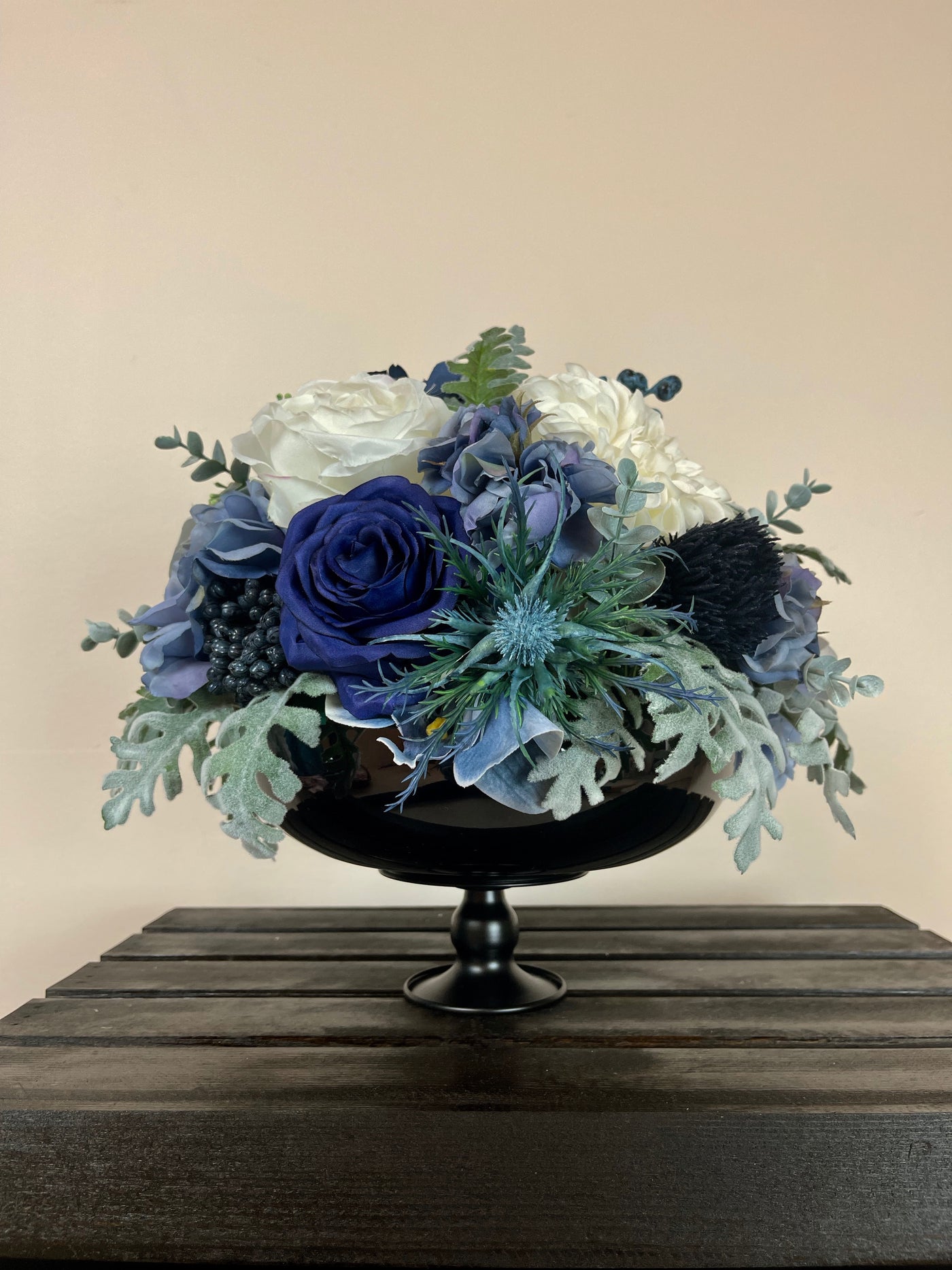 Rent A rose- Various shades of blue roses combined with white dahlias in a black pedestal vase - rent for five days for $40.00