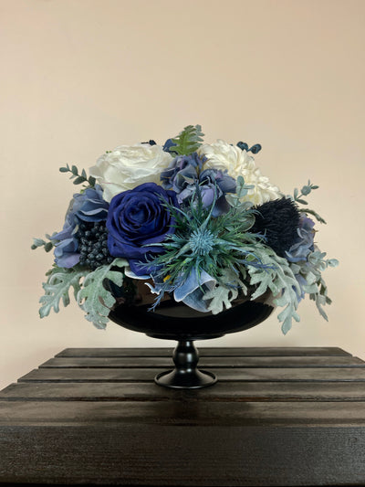 Rent A rose- Various shades of blue roses combined with white dahlias in a black pedestal vase - rent for five days for $108.00