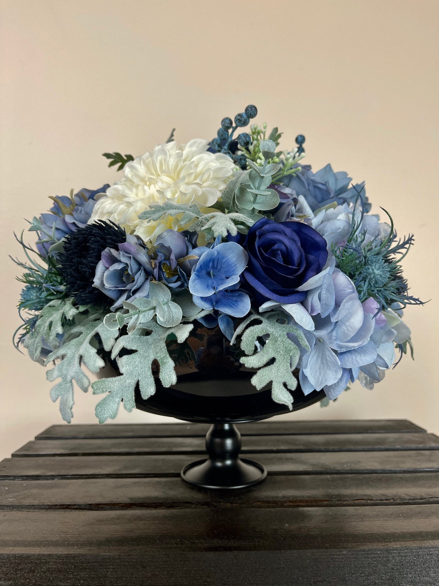Rent A rose- Various shades of blue roses combined with white dahlias in a black pedestal vase - rent for five days for $108.00