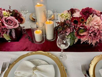 This 8 foot long wisp of burgundy silk adds that perfect pop of colour to your tablescape.