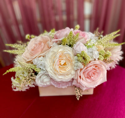Rent a Rose Centrepiece from the Romantic Rose Collection - soft pinks, blush and white in a pink rectangular box with pearl detail