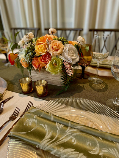 Rent a Rose- Centrepiece- orange, white and pale green flowers-  Rent for five days for $20.00