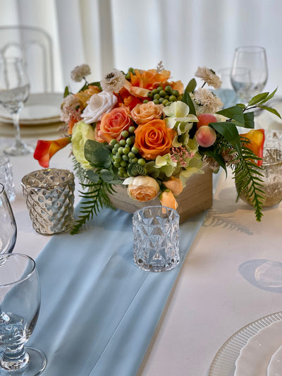 Rent a Rose- Centrepiece- orange, white and pale green flowers-  Rent for five days for $20.00