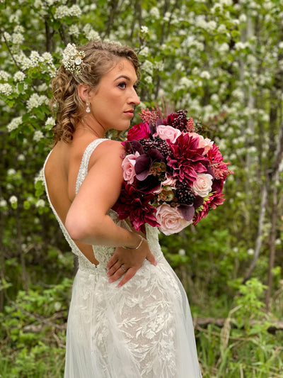 Rent A Rose Bridal Bouquet with Burgundy dahlias and blush pink roses. $98.00 to rent for five days.